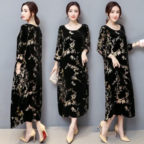 New Autumn Winter Loose Hollow out Print Dresses Plus size Woman Long Maxi Dress Elegant Robe Vintage Velvet Dresses