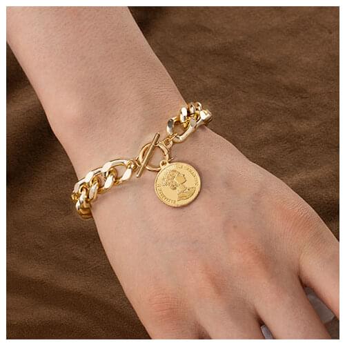 New Punk Chain Thick Bracelet For Women Simple Pendant 2021 Geometric Gold Color Metal Round Portrait Bracelets Party Jewelry