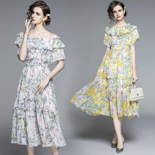 WTIANYUW New Runway Designer Summer Chic Ruffles Sleeve Long Dress Women Elegant Flower Print Bohemian Holiday Chiffon Dress
