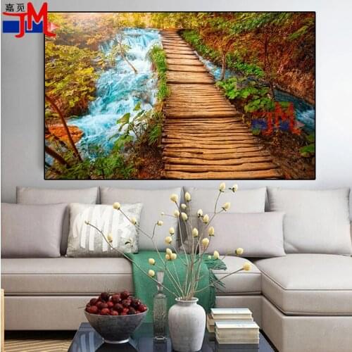 Full Square Diamond Painting One-Plank Bridge Waterfall Forest 5D DIY Mosaic Diamond Embroidery Landscape Cross Stitch Kit Gift