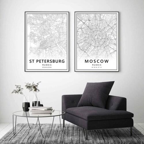 Self-adhesive Wall Stickers Modern Moscow St Petersburg City Map Russia Painting Wall Art Pictures Posters Home Decorative