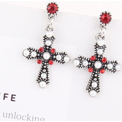 LUBOV 2020 New Design Cross Drop Earring Alloy Inlaid Pearl Rhinestone Earring Women And Girls Birthday Valentine Gift
