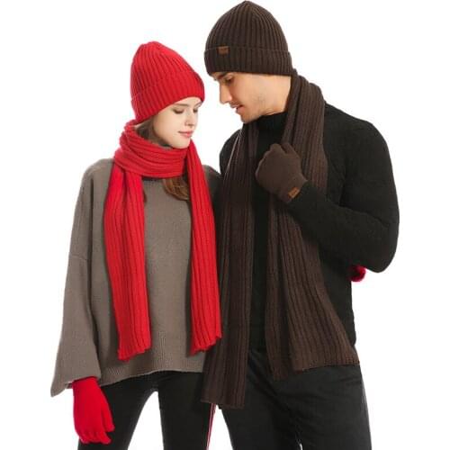 2021 autumn and winter new products men and women solid color knitted thick warm wool hat scarf gloves three-piece suit