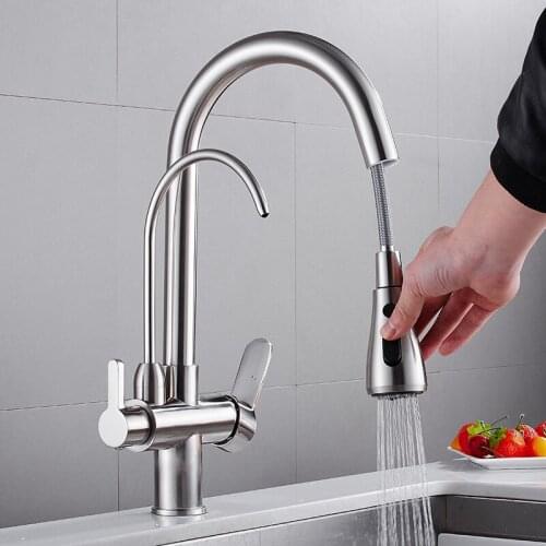 Kitchen Faucet Brass Chrome/Black/Nickel Pull Down Hot and Cold 3 ways Kitchen Sink Faucet With Direct Drink Taps Deck Mounted