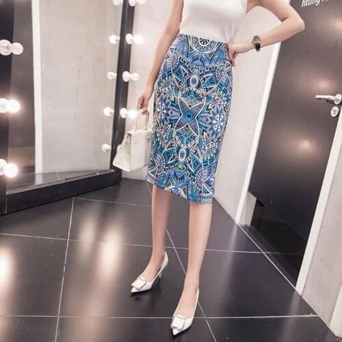 Ready Stock Fashion Women Elastic High Waist Pencil Skirts Midi Women Printed OL Work Wear plus size skirts for women