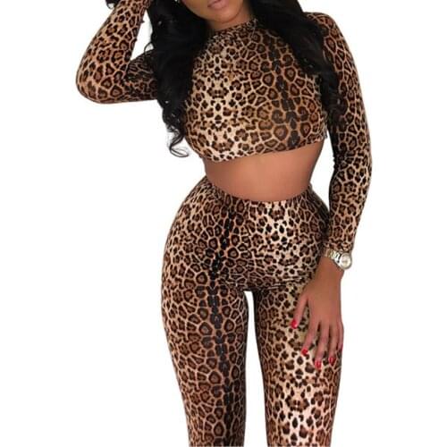Women Casual Sport Yoga 2 Pieces Tracksuits Ladies Leopard Print Full Sleeve Top+Pants High Waist Skinny Stretch Fitness Clothes