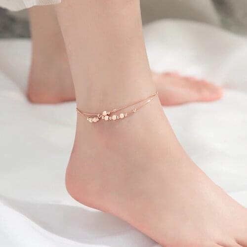 MIQIAO 925 Sterling Silver Beach Leg Accessories Ankle Bracelets For Women Simple Frosted Bead Feminine Double-Layered Footwear