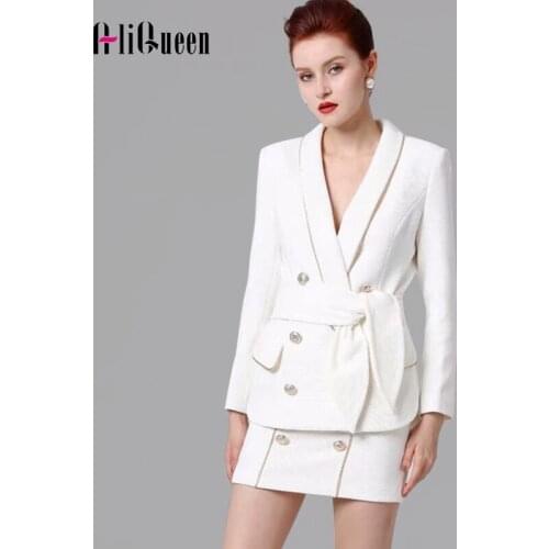 High Quality 2019 Autumn Ladies Skirt Suits 2 Piece Sets Double Breasted Blazer Suits Women Blazers Elegant Office Uniforms