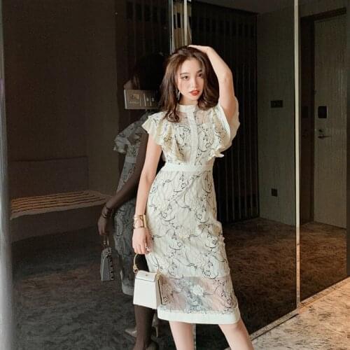 Ruffles Short Sleeve Stand Collar Backless Dress Summer Vintage Lace Pencil Dress Women Office Sexy Party Ladies Dresses Vestido