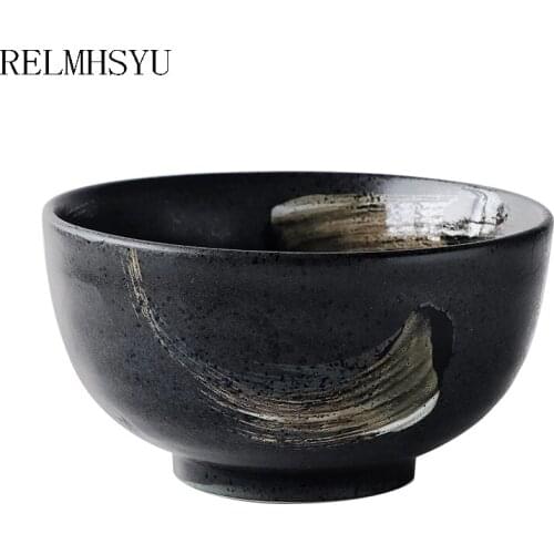 1PC RELMHSYU Japanese Style Ceramic Black Large Rice Noodle Soup Dinner Bowl Household Tableware