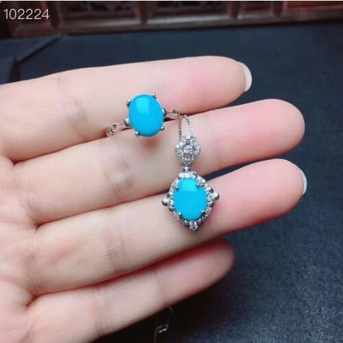 100% Natural Real Turquoise Jewelry set Natural And Real Turquoise Set 925 sterling silver Fine jewelry 1pc Ring,1pc Pendant