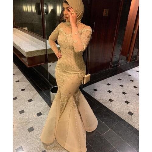 2020 Arabic Aso Ebi Muslim Lace Beaded Evening Dresses Long Sleeves Mermaid Prom Dresses Vintage Formal Party Second Reception