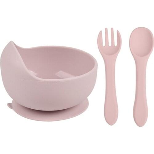 HUYU 3 Pcs Baby Training Feeding Food Bowl Spoon Fork Set Anti Slip Silicone Suction Dishes Utensil BPA-Free Tableware for