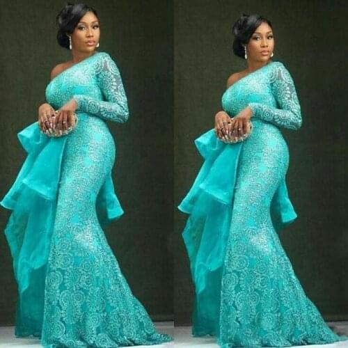 Aso Ebi Blue Sexy Evening Dress Long Sleeve Lace Mermaid Prom Dresses One Shoulder Nigerian Style Women Formal Party Gowns