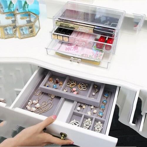 Jewelry Display Velvet Gray Carrying Case with Glass Cover Jewelry Ring Display Box Tray Holder Storage Box Organizer
