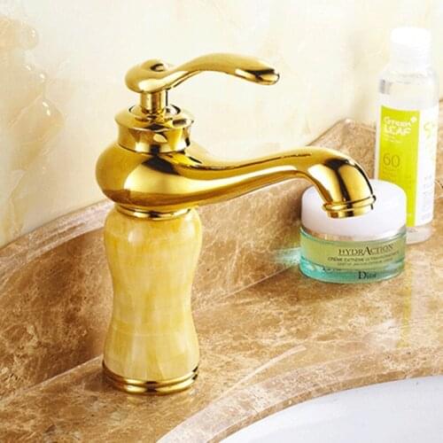 Free shipping Single handle stone gold basin faucet with solid brass bathroom golden faucet and hot cold basin water faucet