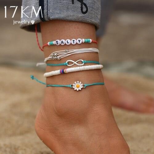 17KM BOHO Daisy Letter Rope Anklet For Women Bohemia Rainbow Color Beads Anklets Shell Butterfly Foot Bracelet Beach Jewelry