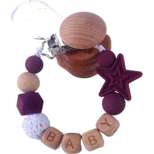 Personalized Name Beech Wood Baby Pacifier Clips Silicone Star Teether Soother Chain Infant Dummy Holder