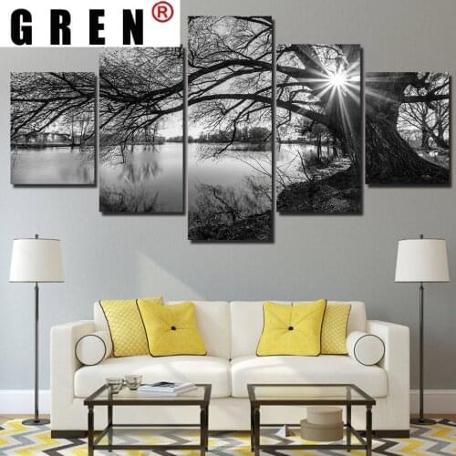 GREN 5 Pieces Paintings scenery black white big trees Painting Print Canvas Wall Art Modular Picture Modern home Decorative