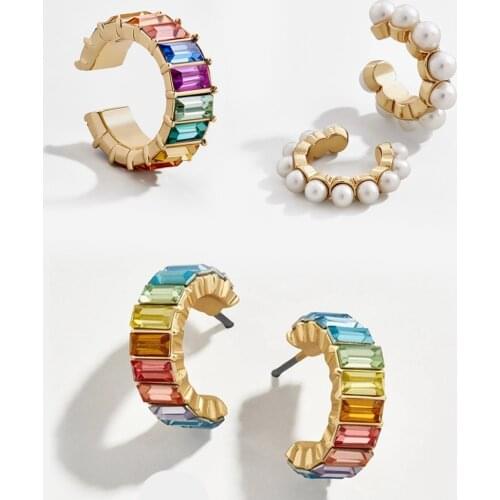 Fashion Rainbow Cz Ear Cuff for Women Girls Gold Alloy C-shape NO PIERCE Small Circle Stud Earring Bohemia Ethnic Party Jewelry