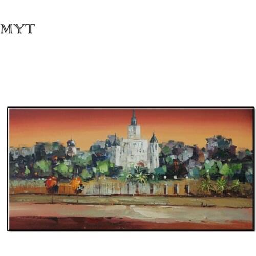 Beach city night lights scenery Handmade modern Abstract Oil Painting on Canvas Wall art Pictures for Living room Home Decor