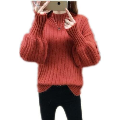 2018 New Autumn Winter Women Knitted Sweaters Pullovers Turtleneck Long Lantern Sleeve Solid Short Sweater Women Jumper Q1086
