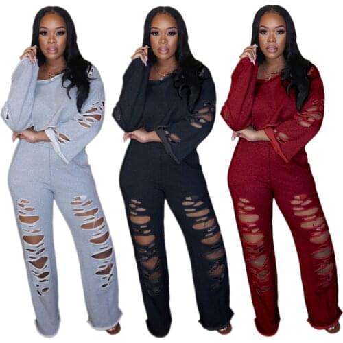 New Best Selling Solid Color Burnt Flower Hole Off Shoulder Loose Long Sleeve Casual Suit Elastic Band Bra Sleeve Casual Style