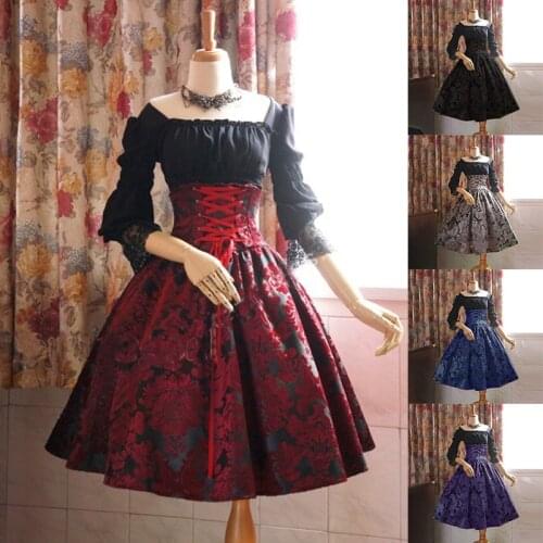 Lolita Japanese Royal Family Retro Palace Style Gothic Floral Printing Lace Cuff High Waist Princess Dresses Cosplay Costumes