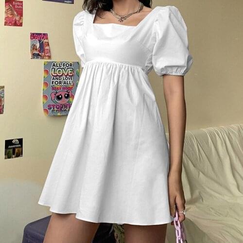 White Sexy Backless Lace Up Mini Womens Dresses Puff Sleeve Solid Sweet Dress Summer New Holiday Sundress Elegant Lady Clothes