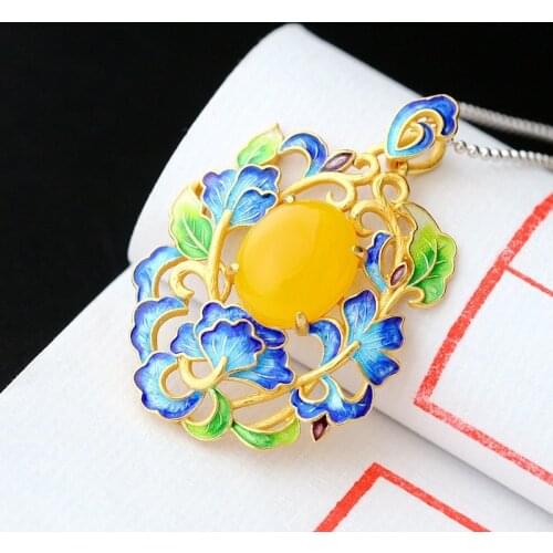 Retro Thai Silver Wholesale Hand-Baked Blue Silver Pendant S925 Sterling Silver With Natural Yellow Chalcedony Vintage Pendant