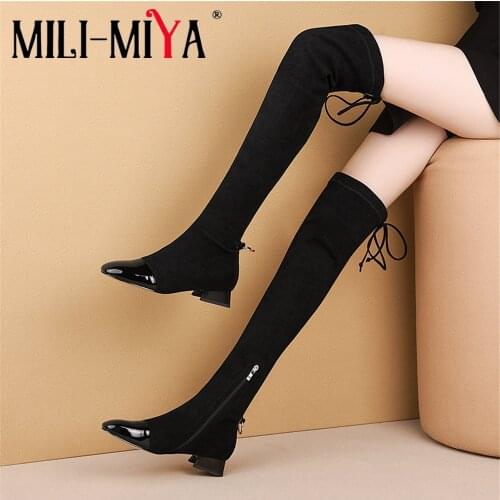 MILI-MIYA Plus Size 34-43 Cow Leather Over The Knee Boot Women Slim Stretch Square Toe Low Heels Party Shoes Ladies Winter
