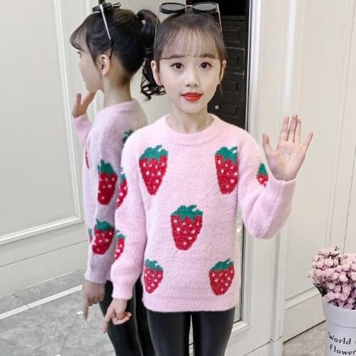 Girls Sweater Kids Babys Coat Outwear 2021 Strawberry Plus Velvet Thicken Warm Winter Autumn Knitting Tops Pure Cotton Children