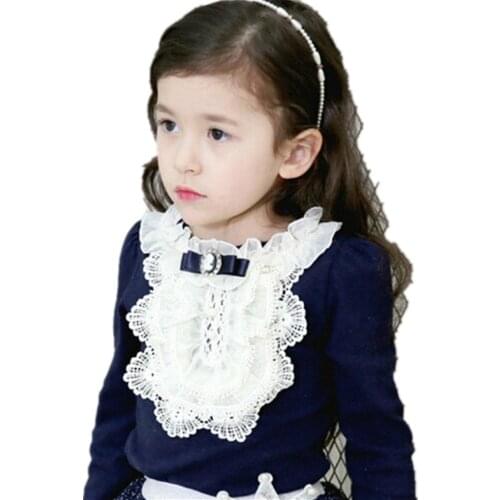 Thicken Autumn Sweet Baby Kids Girls Lace Pearl T shirt With Velvet Fashion Bow Tops Tees Cotton T-shirts Child Casual Clothes