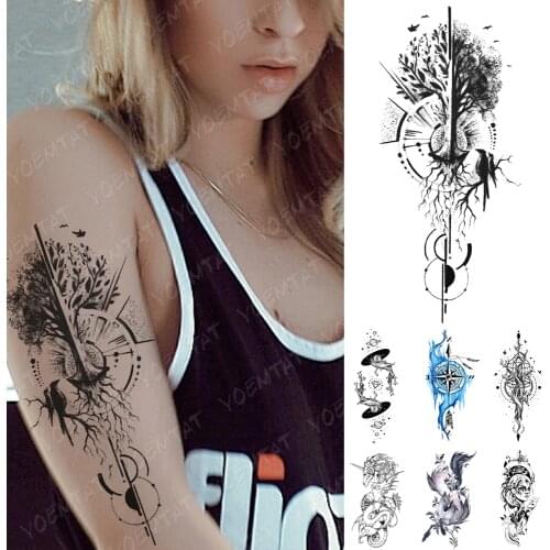 Waterproof Temporary Tattoo Sticker Tree Bird Universe Compass Tattoos Fox Mermaid Body Art Arm Fake Sleeve Tatoo Women Men