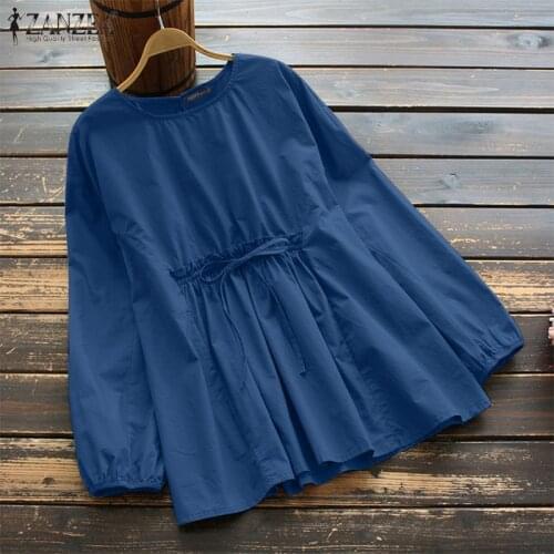 Long Sleeve Tops ZANZEA Women Elegant Ruffles Blouse Casual O neck Female Solid Cotton Blusas Chemise Femininas Autumn Shirt