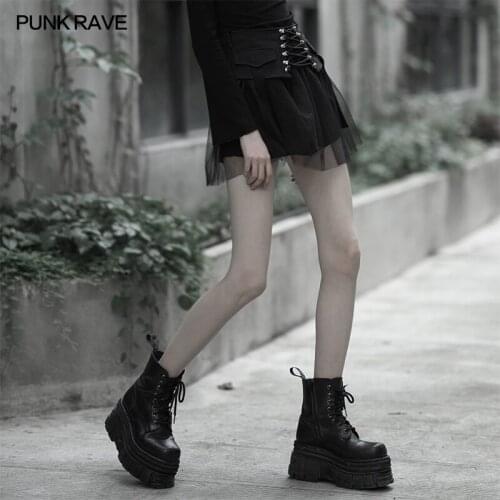 PUNK RAVE Womens Punk Style High-waisted Tied Rope Mesh Stitching Plaid Skirt Personality Party Club Sexy Women Mini Skirt