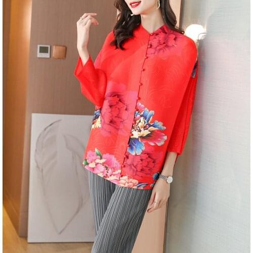 Vintage Peony Print Three Quarters Sleeve Women Jacket Miyak Pleated Stand Collar Single-breasted Loose Casual Cardigan Female