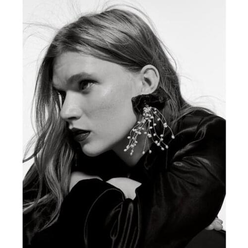 ZA Earring Vintage Black Mesh Lace Yarn Bowknot Dangle Earrings For Women Fashion Pearl Long Tassel Drop Earring Party Jewelry