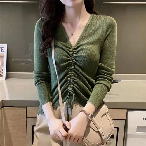 Korean Style Womens T-Shirt Spring Fashion Drawstring Design Cozy Breath Knitwear Oversize Slim Sexy V-Neck Base Shirt Autumn