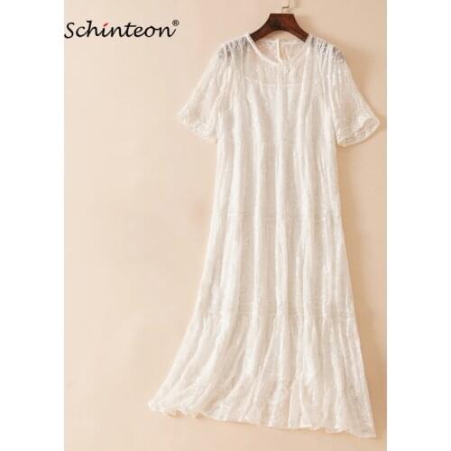 Schinteon New Women Lace Dress Real Silk O-Neck Collar Embroidery Loose Elegant Two Peices Womens Sets Top Quality