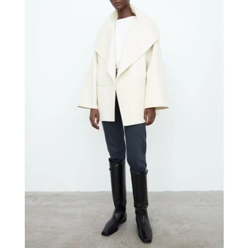 Women Wool Solid Color Coat Turn Down Collar Lady Cardigan Casual Jacket With Pockets Female Wide Waisted Outwear Tops 2021