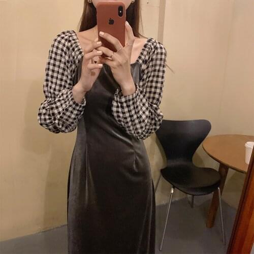 2021 Women Autumn Plaid Patchwork Long Velvet Dress Full Sleeve Square Collar Elegant Bodycon Midi Dresses