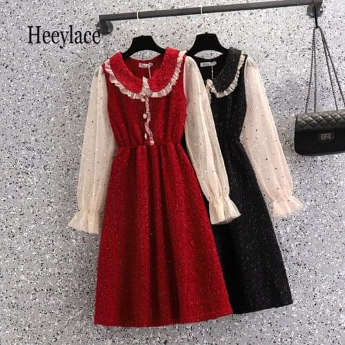 Plus Size French Vintage Elegant Dresses Autumn Winter Sequined Mesh Sleeve Patchwork Tweed High Waist A-line Vestidos 4XL Dress