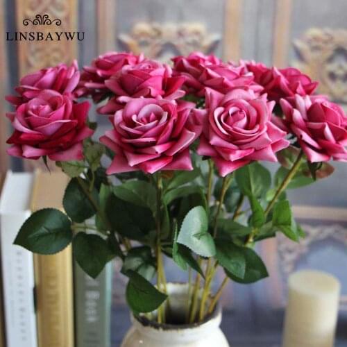 1PC Velvet Pink Red Rose Flowers Leaf Artificial White Fake Silk Flowers Home Wedding Decor Bouquet Bride Wedding Home Decor