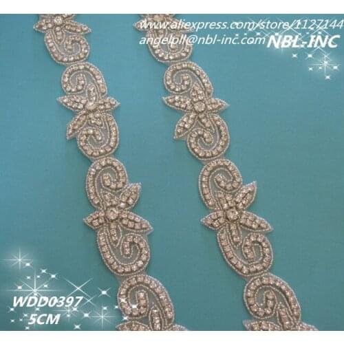 10 YARDS) Wholesale iron on bridal silver clear rhinestone applique beaded trim for wedding dress garment sash WDD0397