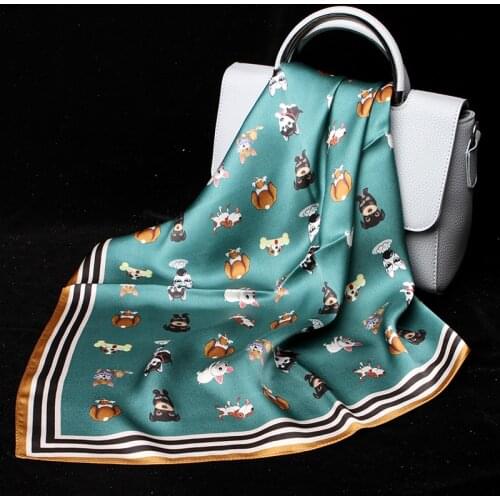 100% Silk Small Scarf Bandana Women Scarves for Neck Dog Print Kerchief Headband Hair Accesories for Elegant Ladies Girl 53*53cm