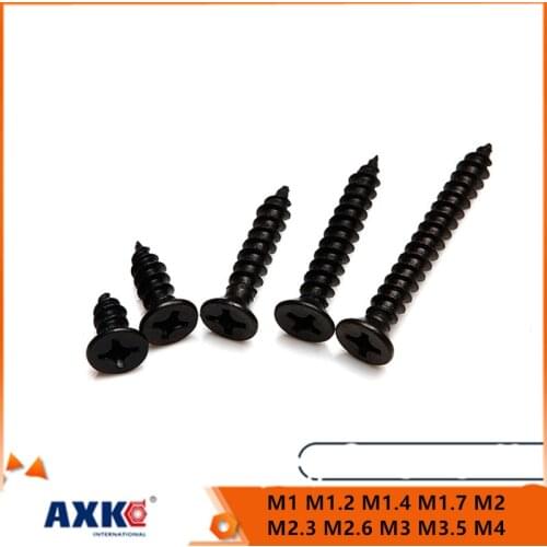 50/100X M1 M1.2 M1.4 M1.7 M2 M2.3 M2.6 M3 M3.5 M4 Black Steel Small Cross Phillips Flat Countersunk Head Self-tapping Wood Screw