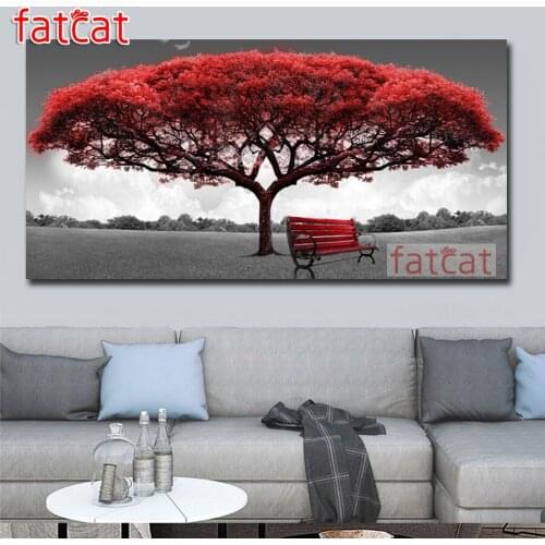 FATCAT Large Diy Diamond Painting Red tree chair Full square round drill 5d Diamond Embroidery Mosaic good luck landscape AE1128