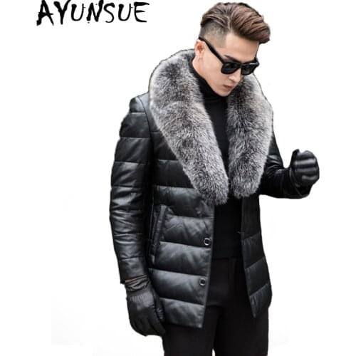 AYUNSUE Mens Genuine Leather Down Jacket Male Winter Coat Men Fox Fur Collar Sheepskin Leather Jackets Jaqueta De Couro KJ651