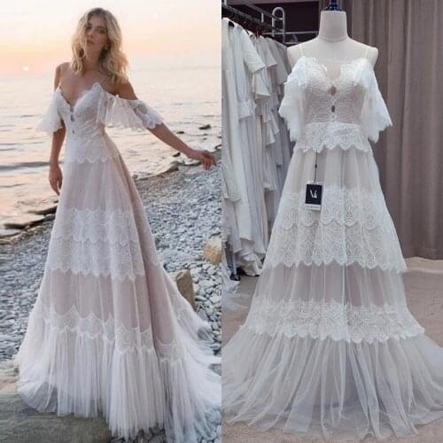 Bohemian Boho Summer Beach Bridal Gown Lace White Ivory 2021 Backless Long Fresh Deep V Strap Wedding Dress